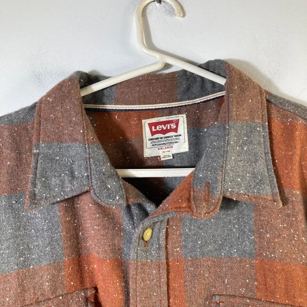 Mens Levis Wool Blend Plaid Buffalo Check Heavy‎ Shirt Shacket Orange Gray 2XL - Picture 4 of 9